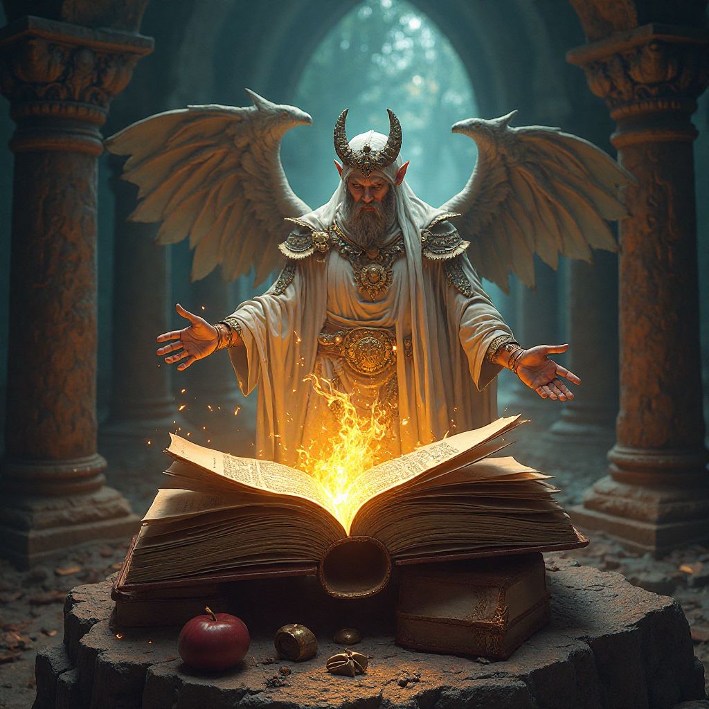 A magical tome with glowing runes and artifacts